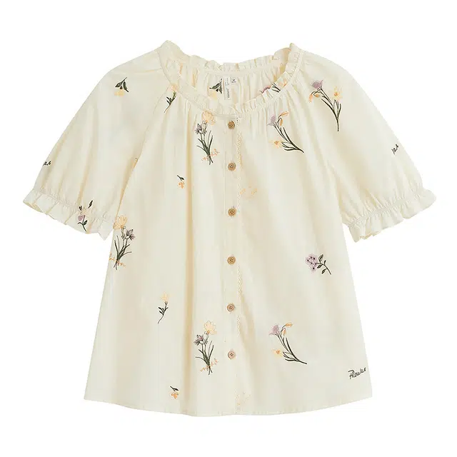 茵曼 法式小花刺绣荷叶短袖衬衫 女款 淡香杏