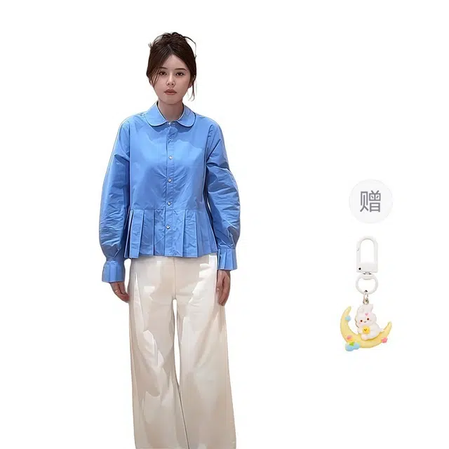 柏黛妃 法式蓝色娃娃领长袖衬衫外套女设计感小众衬衣上衣衬衫 女款 蓝色+赠品