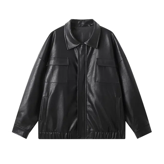 陆与山屿 美式高街翻领大口袋工装夹克三防皮衣外套 男女同款