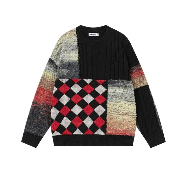 费尔岛上的猫 复古撞色拼接设计感圆领宽松百搭长袖针织衫 男女同款