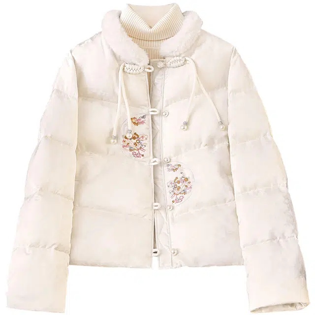 她池  新中式复古风撞色刺绣单排扣长袖  含羽绒外套  女款  米白色