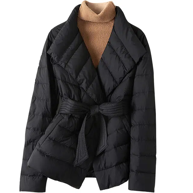 她池 短款保暖翻领外套系带简约棉服 女款 黑色