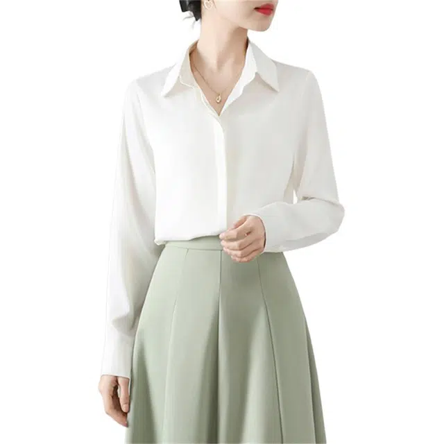 思蓓儿 门襟缎面垂感通勤职业长袖衬衣面试上衣衬衫 女款