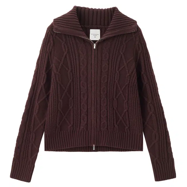 佐丹奴 肌理感绞花翻领双头拉链针织衫 女款 无花果色