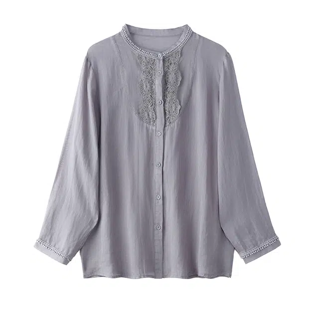 曲韩 蕾丝刺绣宽松上衣文艺轻薄透气苎麻长袖春季衬衫 女款