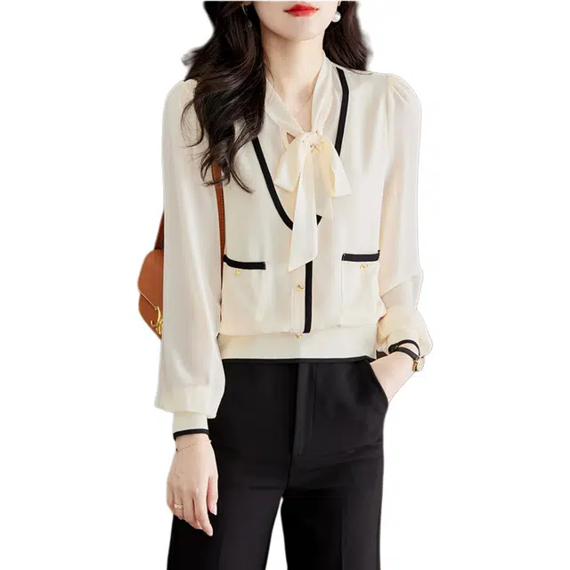 曲韩 简约舒适百搭长袖雪纺衫 女款 米色