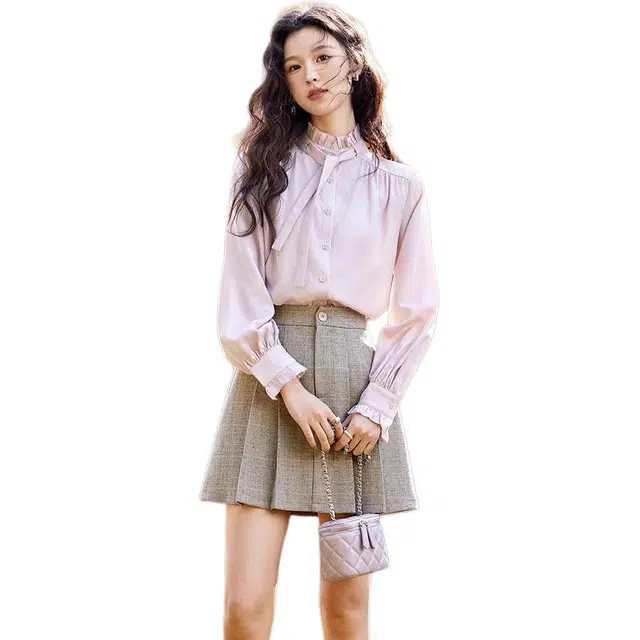 谜秀 法式天丝飘带木耳边春装女装显瘦气质通勤上衣衬衫 女款
