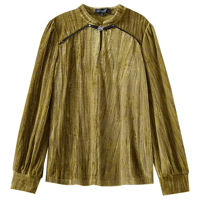 欧昵雪 立领时尚简约直筒休闲丝绒针织衫 女款 橄榄绿