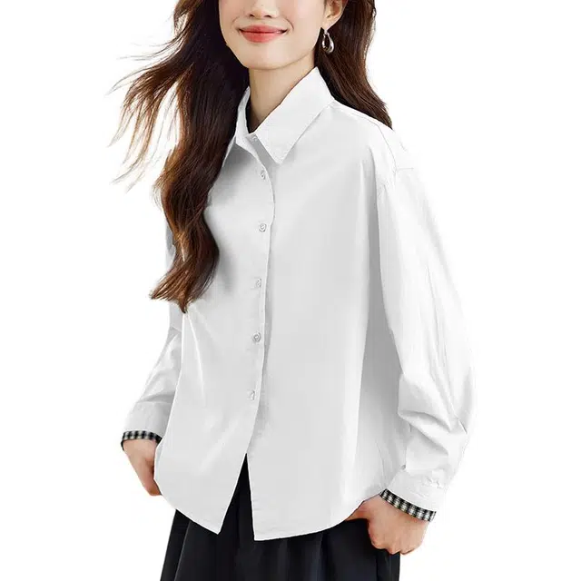 曲韩 翻领宽松格子上衣时尚百搭短款纯棉春季长袖衬衫 女款