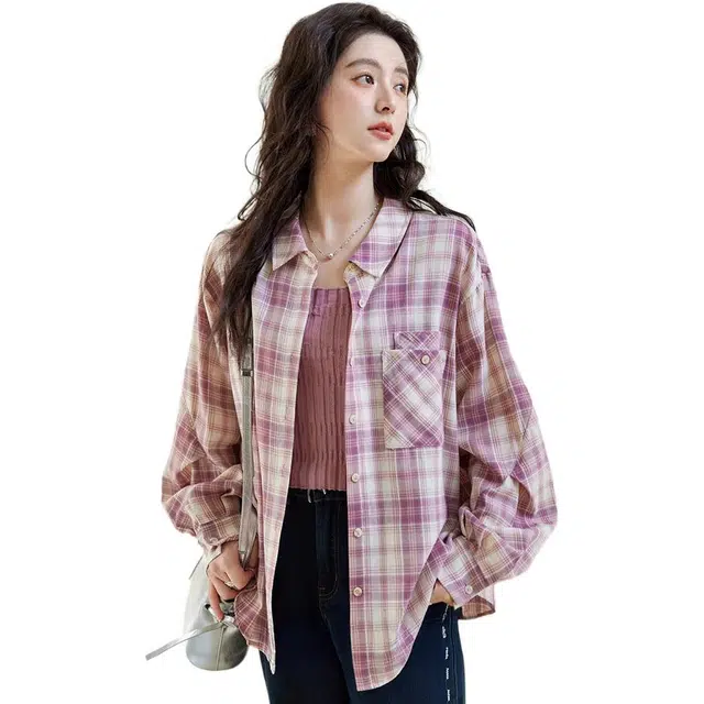 谜秀 格子韩系宽松衬衣百搭舒适质感休闲长袖衬衫 女款 紫色