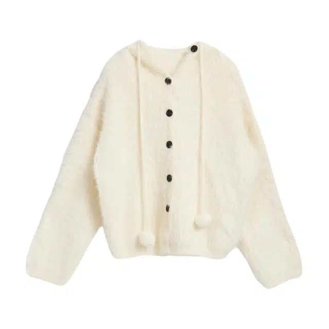 柏黛妃 连帽慵懒风宽松加绒加厚单排扣开衫长袖针织衫 女款 杏色