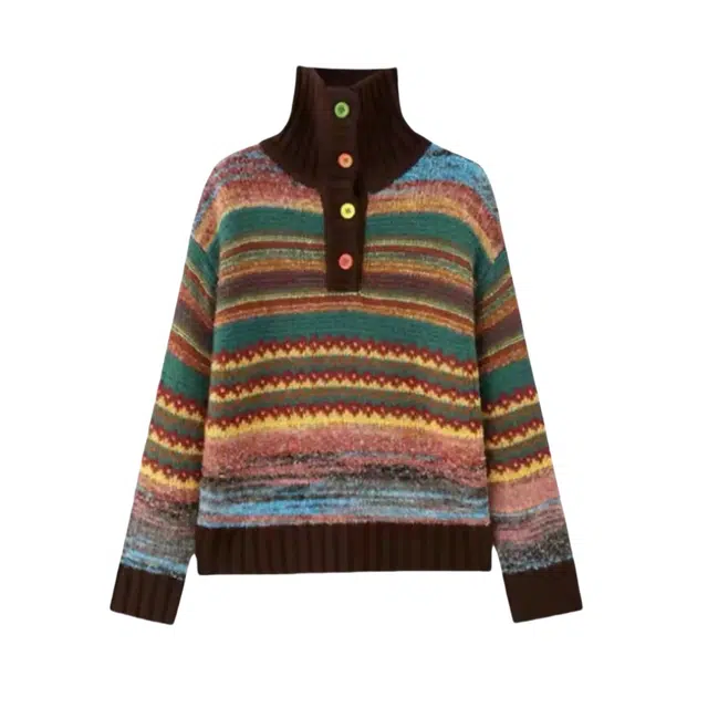 花蔓色 美式韩系复古风撞色条纹宽松百搭长袖上衣针织衫 女款