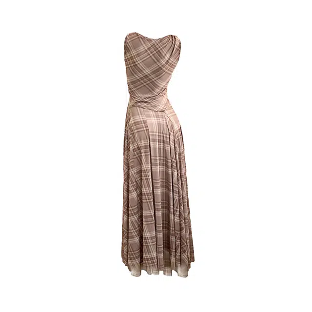 敲模女孩 法式慵懒风复古格纹设计感修身收腰大裙摆高腰气质高级感无袖连衣裙 女款