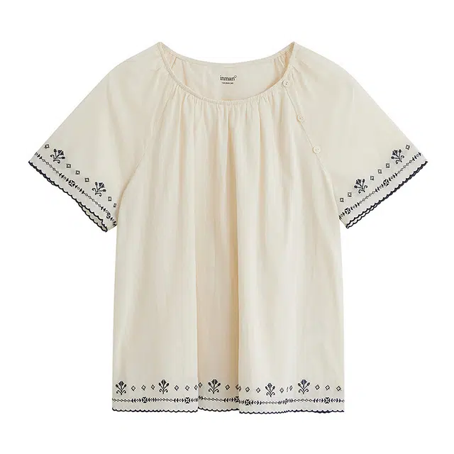 茵曼 法式纯棉刺绣度假短袖衬衫 女款 米杏色