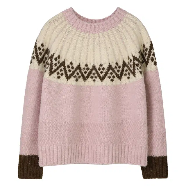 法儿家 樱花生巧秋冬设计感毛衣圆领拼色长袖针织衫 女款 粉色