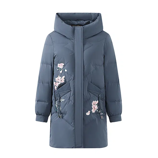 雅鹿 花朵刺绣连帽厚款中长款长袖羽绒服 女款