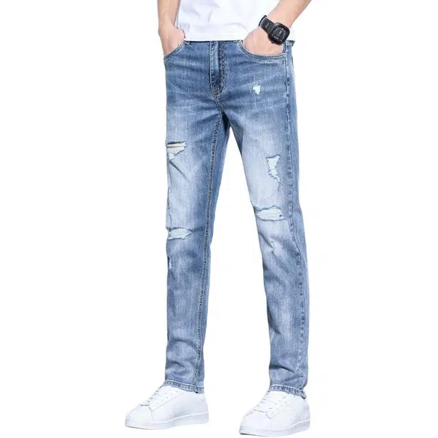 宝米卡 潮牌直筒破洞修身休闲牛仔裤 男女同款 浅蓝