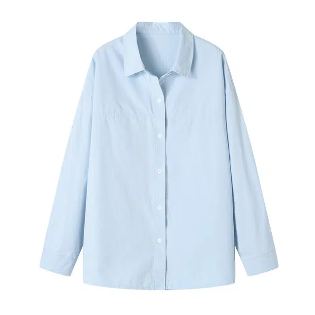 曲韩 翻领宽松休闲上衣百搭通勤纯棉春季长袖衬衫 女款 浅水蓝