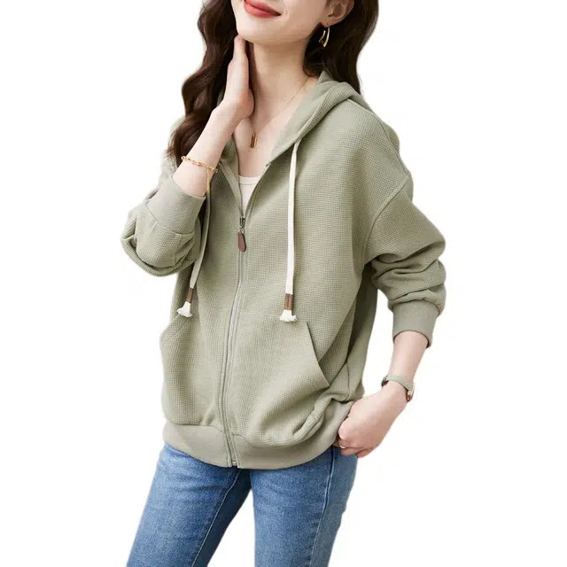 沫晗依美 拉链连帽纯色夹克外套 女款