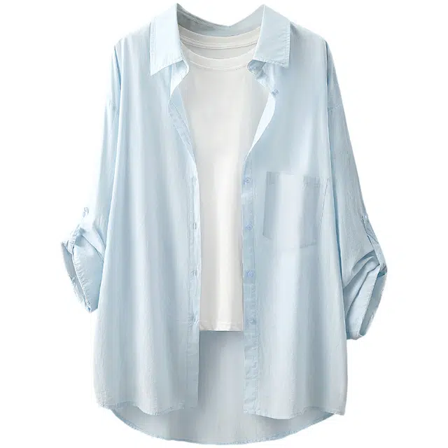 丝柏舍 宽松单排扣翻领纯色清新休闲风落肩长袖衬衫 女款 浅蓝色