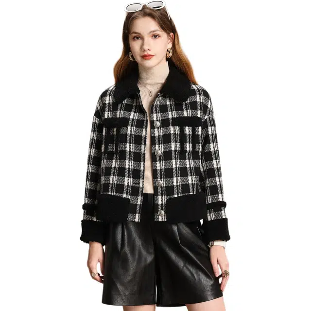 粉红玛琍 厚款宽松短款夹克外套 女款 黑色