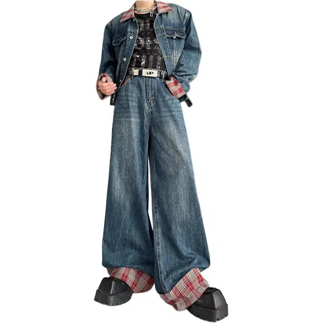 物质公式 重工美式高街复古水洗做旧质感格子翻领牛仔外套痞帅百搭潮流宽松废土风阔腿直筒拖地长裤休闲运动套装 男女同款