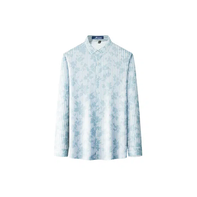 富铤 休闲百搭清新透气条纹舒适无痕抗皱免打理印花长袖衬衫 男款