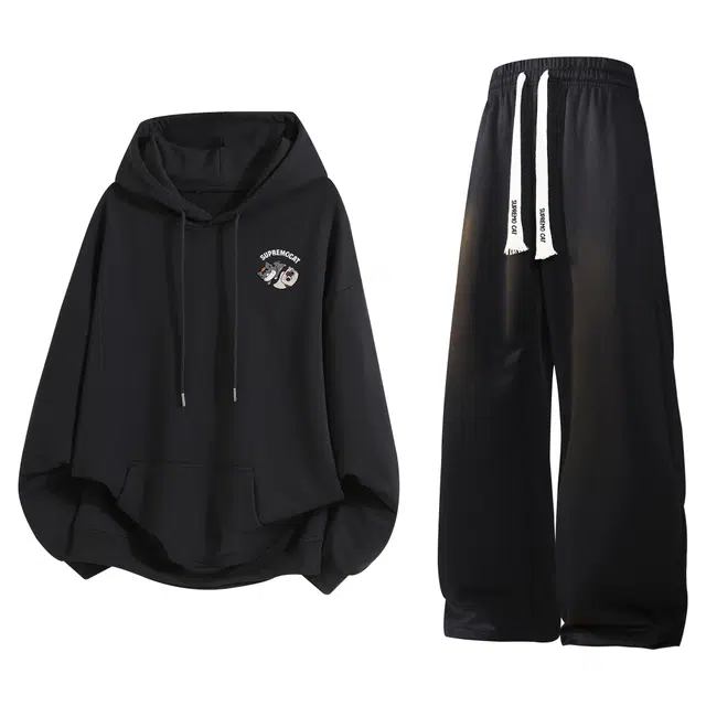 吾皇猫 学院风美式复古舒适透气简约卡通动漫印花卫衣系带直筒裤休闲运动套装 男女同款