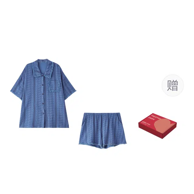 俏薇妮 简约时尚高级感家居服复古提花凉感薄款短袖可外穿睡衣套装 女款 礼盒装 蓝色