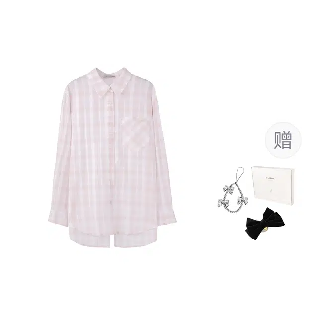 法儿家 微风密码韩系通勤纯棉薄款格纹长袖衬衫 女款