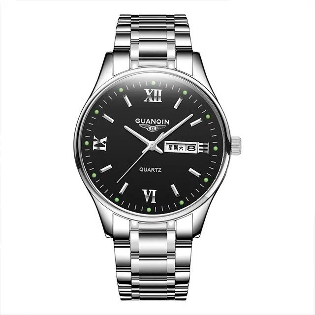 冠琴 奢历时光系列 男士商务时尚双日历全自动 石英机芯 精钢表带 国表 男表 黑色表盘 防水夜光