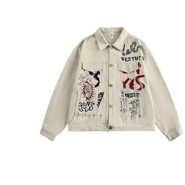 桴生 街头复古水洗宽松个性设计感涂鸦工装夹克外套 女款 卡其色