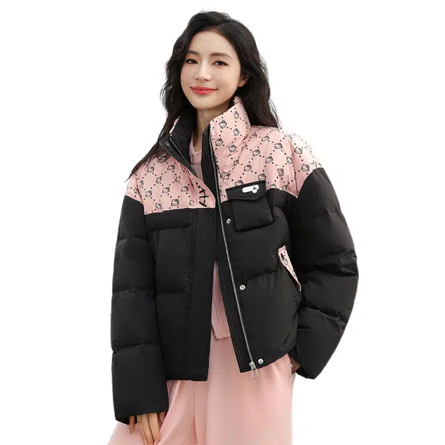 鸭鸭 立领短款拼接卡通时尚休闲百搭学院风可爱宽松面包羽绒服 女款