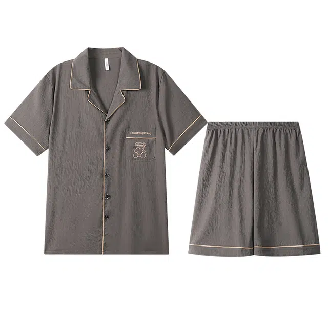 向薇 卡通翻领舒适可外穿短袖五分裤睡衣套装 男款 图片色