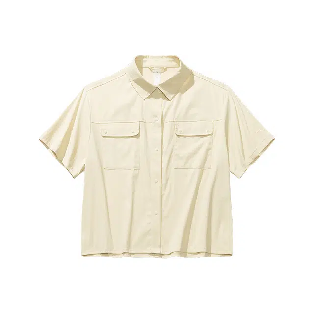 超级安踏 运动休闲简约工装宽松纯色短袖衬衫 女款 颗粒米黄