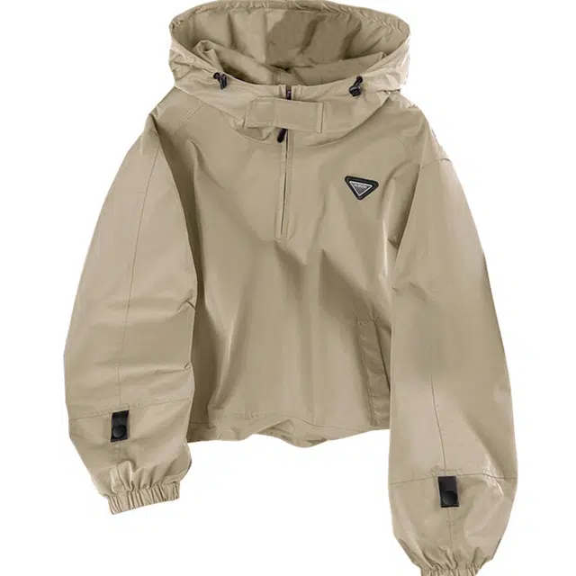 她池 纯色短款宽松连帽休闲工装夹克外套 女款