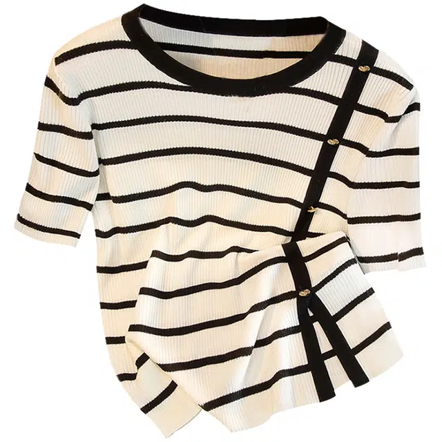 丝柏舍 开叉爱心短款撞色条纹圆领修身短袖针织衫 女款 白色