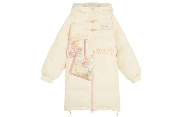 森女部落 原创油画风拼接治愈系中长款连帽羽绒服 女款 杏色