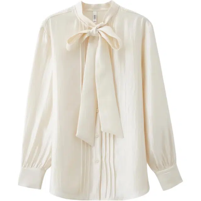 三福 高级感领口蝴蝶结绑带缎感长袖衬衫 女款 杏色