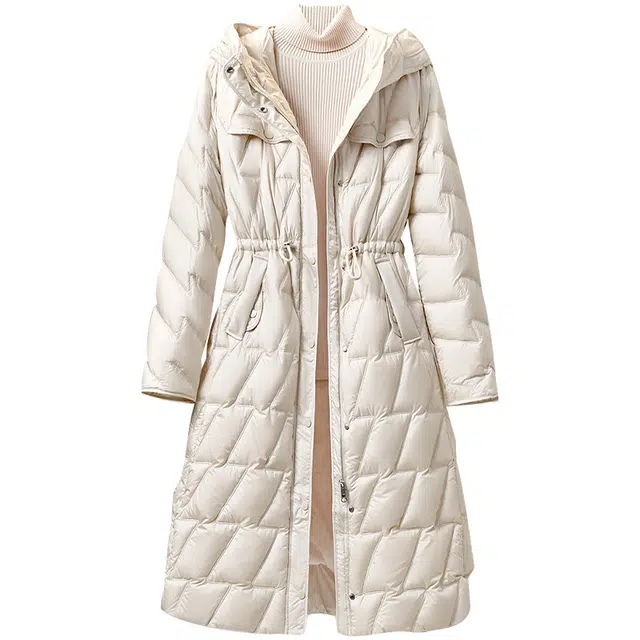 她池 宽松气质收腰保暖中长款连帽棉服 女款 米色