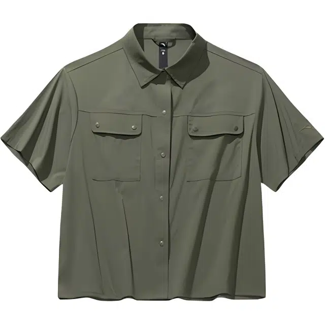 超级安踏 运动休闲简约工装宽松纯色短袖衬衫 女款 葡叶绿