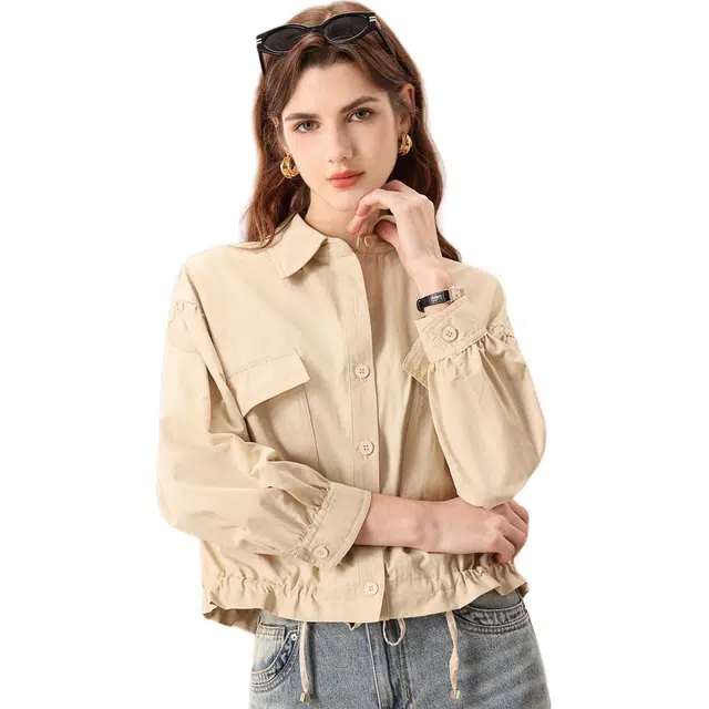 粉红玛琍 纯色休闲轻薄宽松短款单排扣长袖夹克外套 女款 杏色