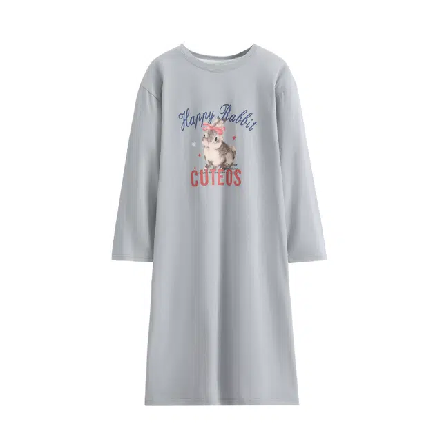 芬腾 薄款长袖休闲大码凉感连衣裙子春秋款睡裙 女款 灰色