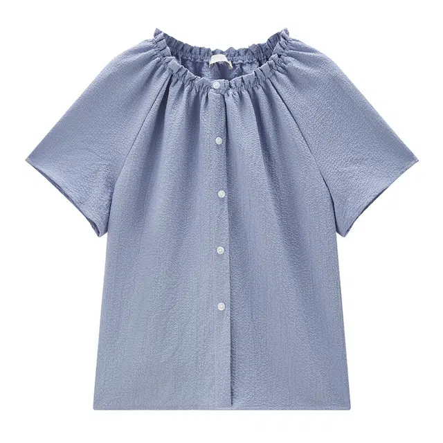 佐丹奴 泡泡纱纽扣装饰木耳边圆领短袖衬衫 女款