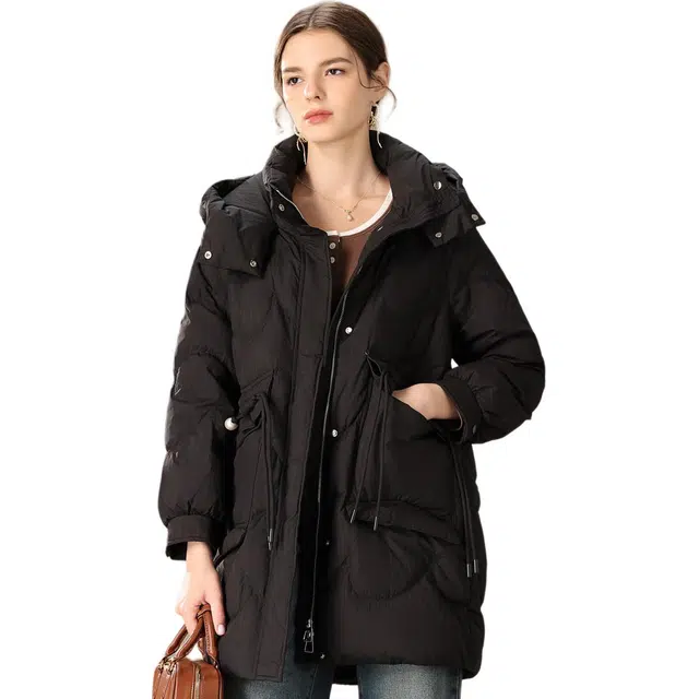 粉红玛琍 纯色舒适宽松长袖羽绒服 女款 黑色