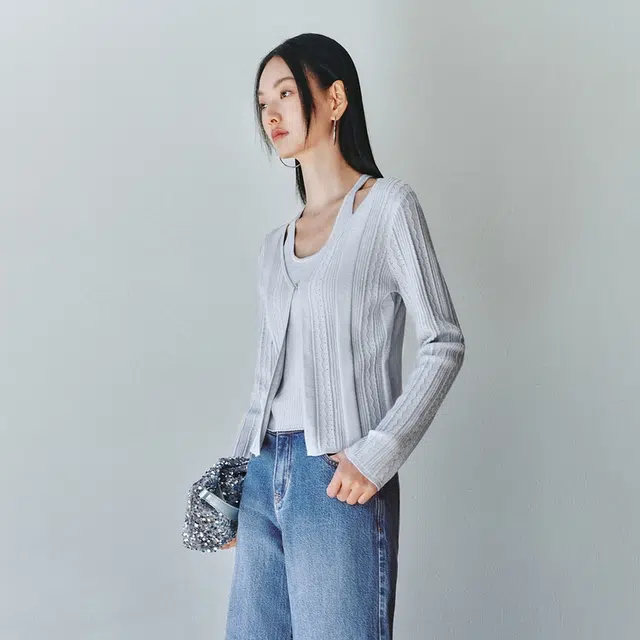 太平鸟 时尚细闪银线肌理感假两件长袖针织衫 女款