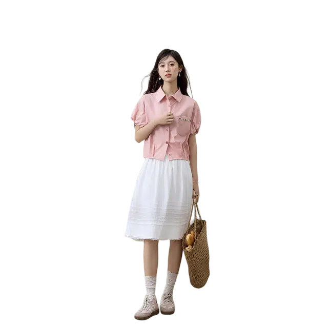 谜秀 学院风减龄日常可爱百搭小花扣泡泡袖翻领小设计天丝棉贝壳织带气质上衣短袖衬衫 女款