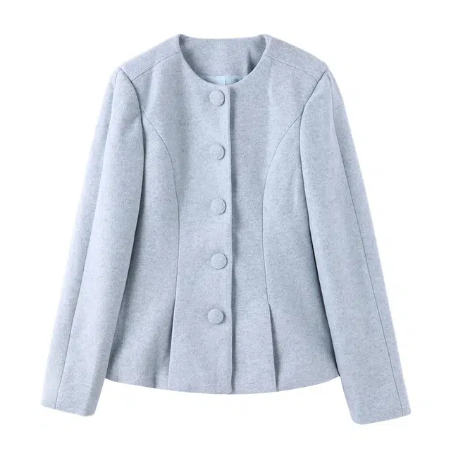 花栗鼠小姐 小香风纯色高级感收腰长袖毛呢绒感外套夹克 女款 水蓝色