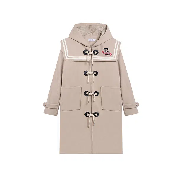 冰淇淋与鲸 撞色条纹海军领学院风毛呢牛角扣中长款大衣 女款