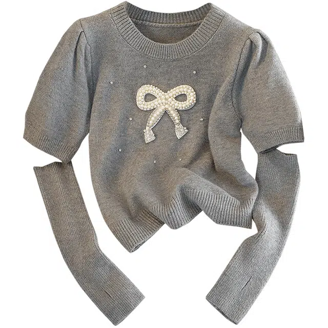 丝柏舍 蝴蝶结钉珠减龄短款圆领简约钉钻短袖针织衫 女款 浅灰色